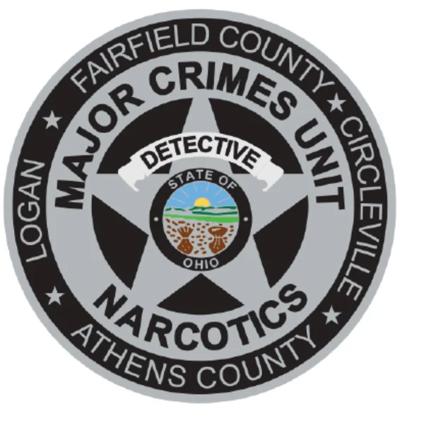 Gray and black Major Crimes Unit badge logo naming Fairfield County, Circleville, Athens County and Logan